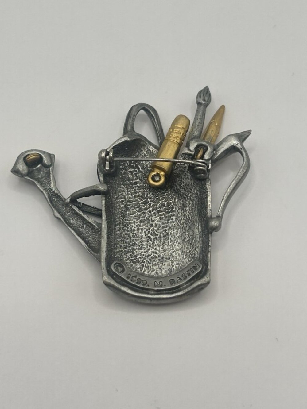 Marjolein Basin Silvertone Watering Can Brooch Goldtone Pencil & Paintbrush Gift - Picture 5 of 9